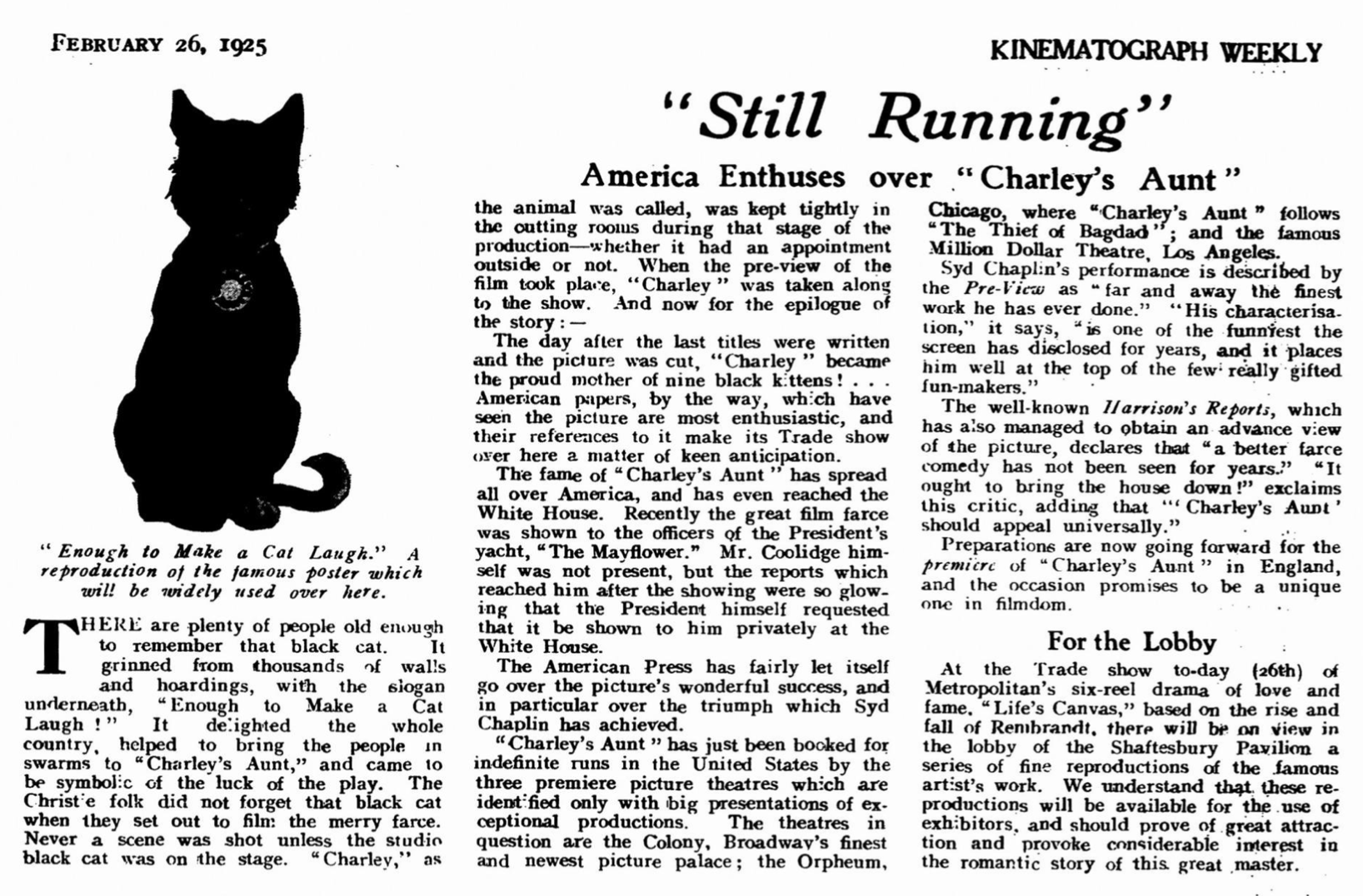 Article from 1925 about the financial success of Charley's Aunt